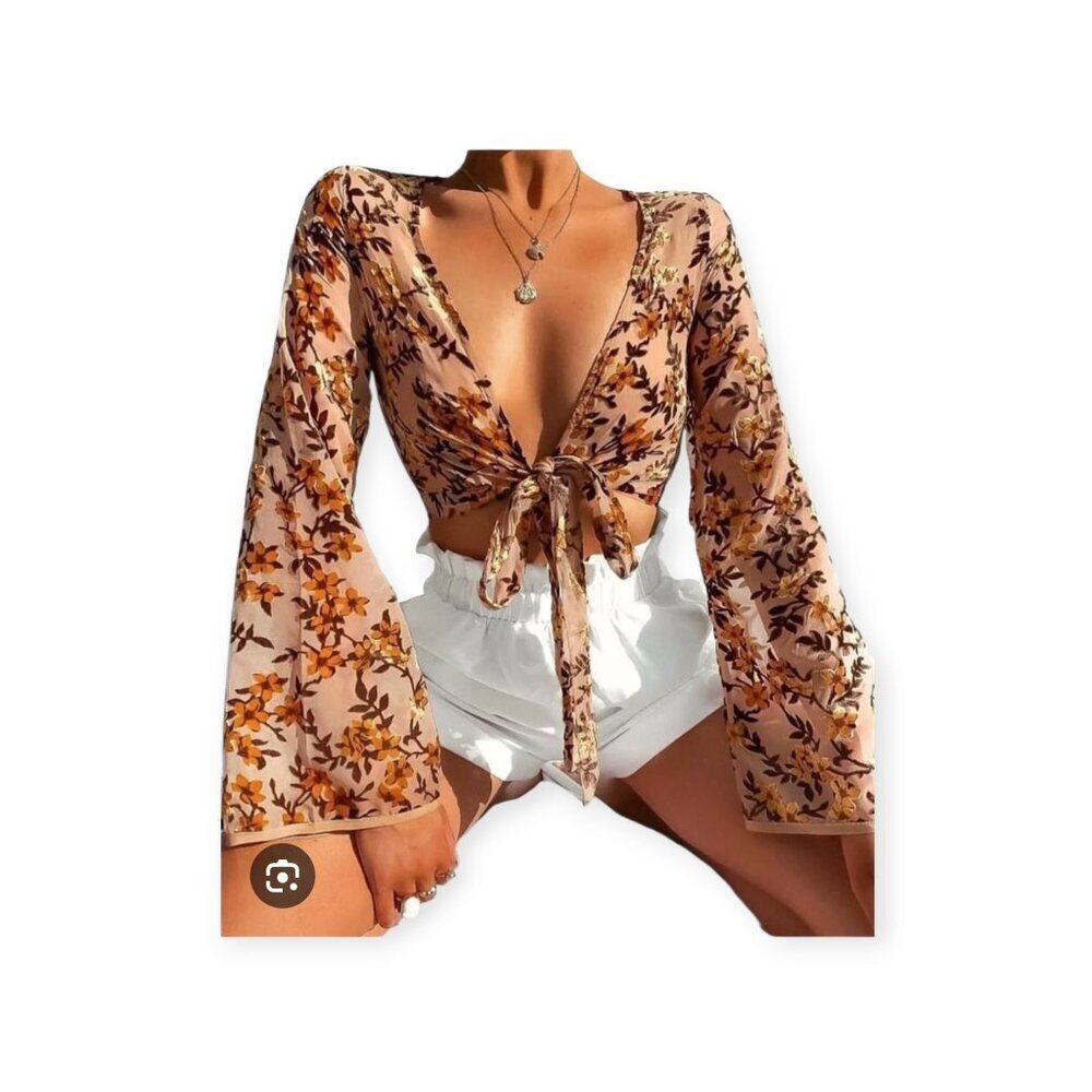 Tiger Mist Burnout Velvet Floral Tie Front Crop Top Bell Sleeve Boho XS Blush